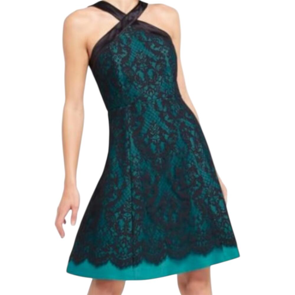 Draper James Betty Lace Halter Dress Silk Fit & Flare Knee-Length Black Teal 6